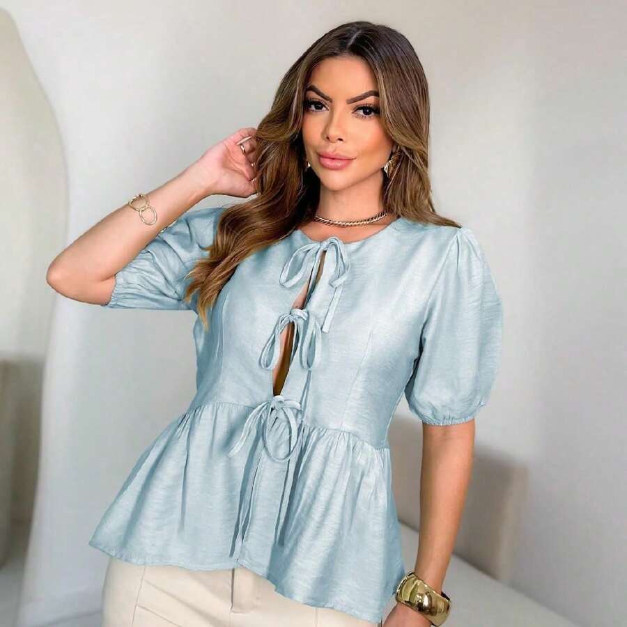 S2077 Plain Long Sleeve Blouse/Trend With Bows On The Front - 藍色 - 查看 1