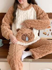 女士法兰绒长袖上衣和裤子两件套蓬松睡衣套装，棕色毛绒熊图案带口袋，冬季保暖睡衣套装，两件套，秋冬服装，舒适保暖
