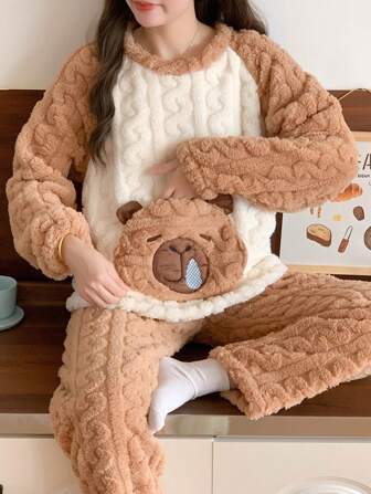 2pcs Women's Flannel Long Sleeve Top And Pants Fluffy Pajama Set, Brown Fur Bear With Pockets, Warm Sleepwear Set For Winter, Two Pieces Set, Fall Winter Clothes, Cozy