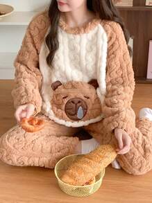 女士法兰绒长袖上衣和裤子两件套蓬松睡衣套装，棕色毛绒熊图案带口袋，冬季保暖睡衣套装，两件套，秋冬服装，舒适保暖