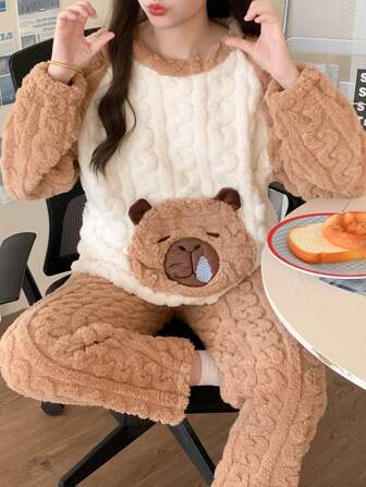 2pcs Women's Flannel Long Sleeve Top And Pants Fluffy Pajama Set, Brown Fur Bear With Pockets, Warm Sleepwear Set For Winter, Two Pieces Set, Fall Winter Clothes, Cozy