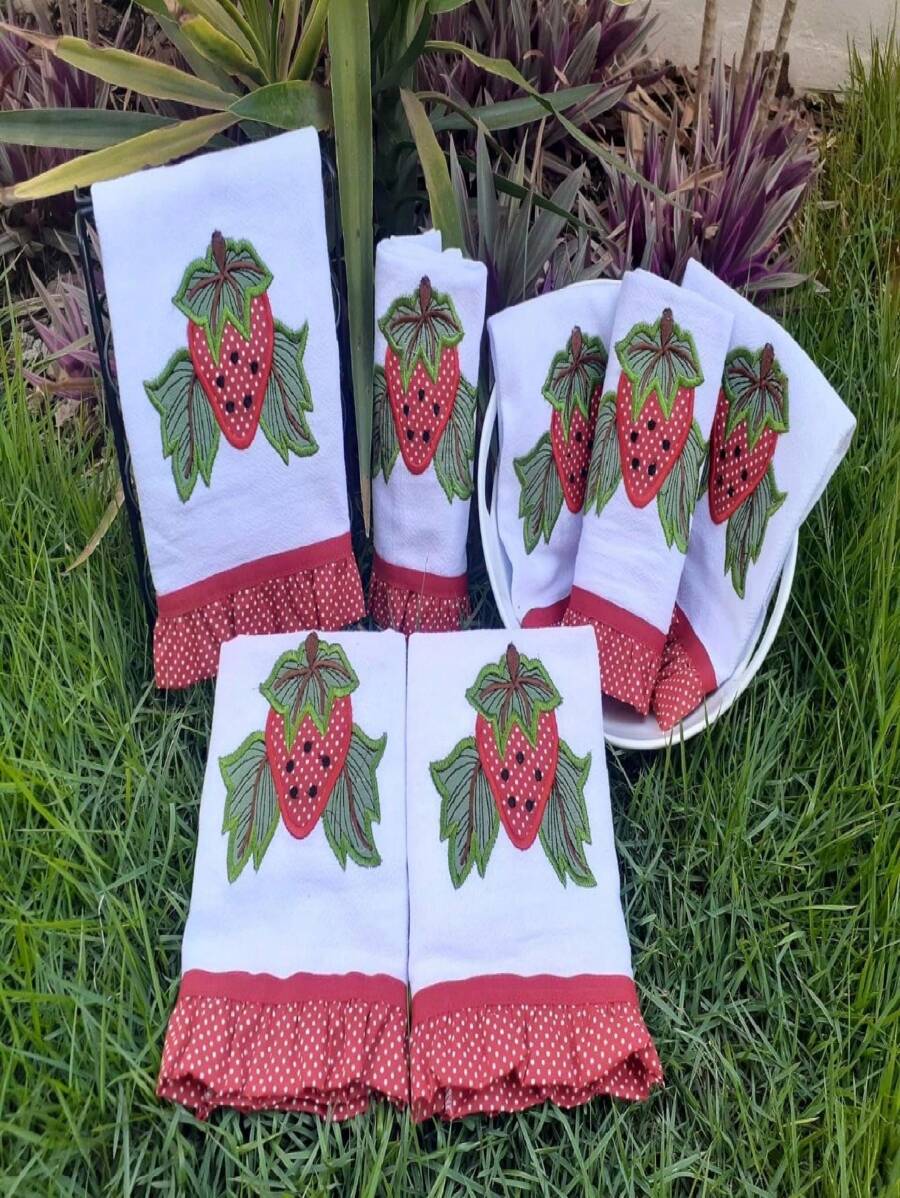 Semaninha 7 Pieces Premium Embroidered Dishcloth 100% High Quality Cotton And Absorption - Đỏ và trắng - Xem 1