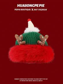1pc Plush Reindeer Horn Christmas Hat, Warm Knitted Beanie Unisex - Multicolor - View 17