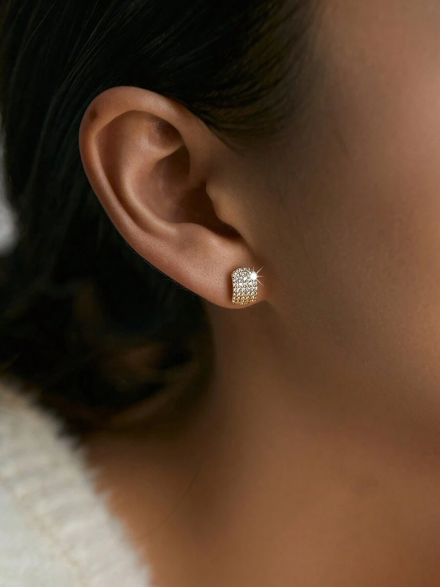 1 Cặp bông tai đinh tán hình học Cubic Zirconia nhỏ nhắn thanh lịch bằng bạc Sterling 925, phù hợp để đeo hàng ngày cho phụ nữ - Vàng - Xem 1