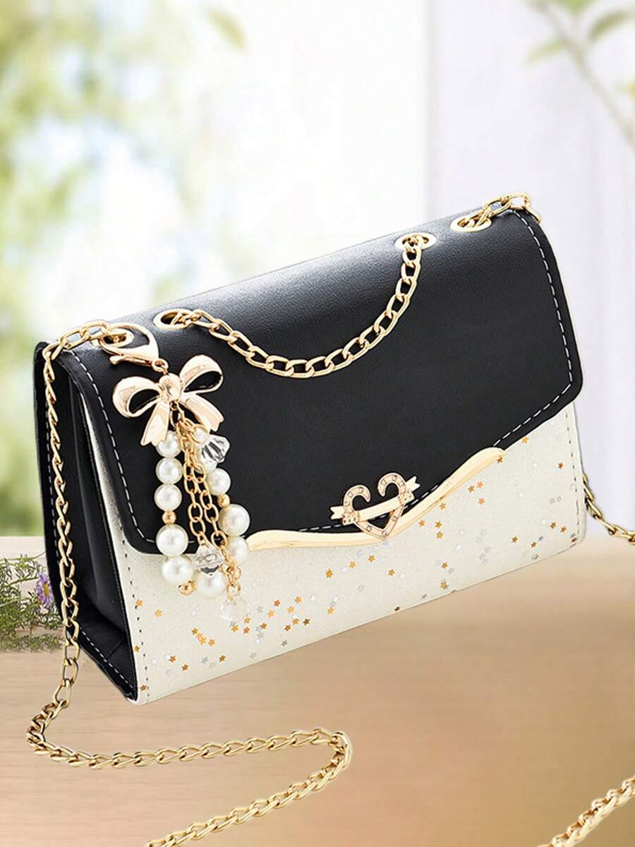 Womens Fashion Cute Pattern Shoulder Bags Romantic Heart Decorate Chain Strap Crossbody Bags For Valentine's Day Gift For Her - Black - View 1