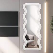 Melodieux Full Length Mirror 63"X 24" Irregular Wavy Full Body Mirror Wall Mounted Floor Mirror With Stand Ivory Flannel Wrapped Wooden Frame Leaning Hanging Wall Mirror For Bedroom Entrance - 矩形大波浪 - 查看 7