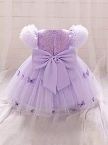 Baby Girls Ruffle Short Sleeve 3D Butterfly Mesh Cute Birthday Princess Dress, Suitable For Parties And Celebrations, Does Not Include Headband - Mauve Purple - View 2