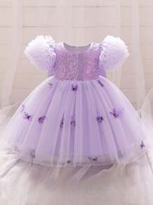 Baby Girls Ruffle Short Sleeve 3D Butterfly Mesh Cute Birthday Princess Dress, Suitable For Parties And Celebrations, Does Not Include Headband - Mauve Purple - View 4