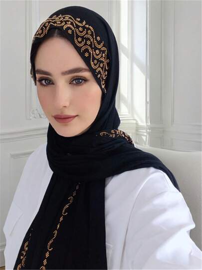 1pc New Style Large Size Jersey Rhinestone Hijab Shawl Soft Casual Solid Color Women Scarf