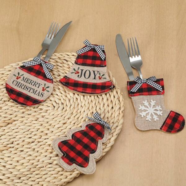1/4/8/12 piezas Bolsas para cubiertos navideños, Fundas para juego de cubiertos de cocina, Calcetines navideños a cuadros rojos y negros, Bolsas divertidas para cubiertos navideños, Decoraciones navideñas para la mesa, Decoración navideña para el árbol, Portacubiertos, Juego de cuchillo y tenedor, Decoraciones navideñas, Centros de mesa