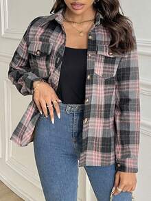 大码女式休闲格子法兰绒长袖衬衫，秋冬 - 粉色 - 查看 6