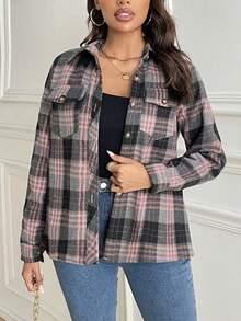 大码女式休闲格子法兰绒长袖衬衫，秋冬 - 粉色 - 查看 5