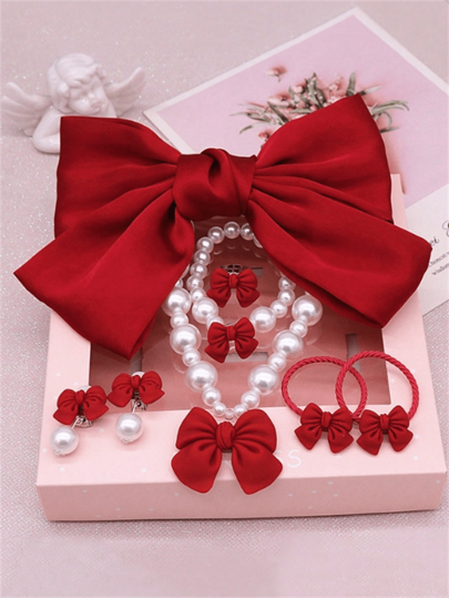 Set de 8 piezas de accesorios para el cabello para niñas que incluyen: pinzas de pelo con lazos, sujetadores de cabello, collar de perlas, pulsera, aretes y anillo