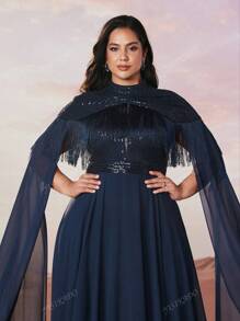 YISIKADO Plus Size Elegant Luxury Sequin Tassel Decor Ultra Long Sleeve Formal Banquet Evening Dress