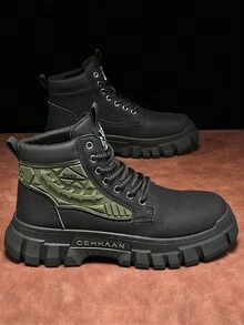 Giày bốt cao bồi cổ cao dành cho nam, giày bốt da mũi tròn đế dày, chống thấm nước và dầu, họa tiết chữ & ong vá mùa thu mới, giày bốt sa mạc đi xe máy ngoài trời, giày làm việc bền bỉ cho công trình xây dựng - màu xanh lá - Xem 1