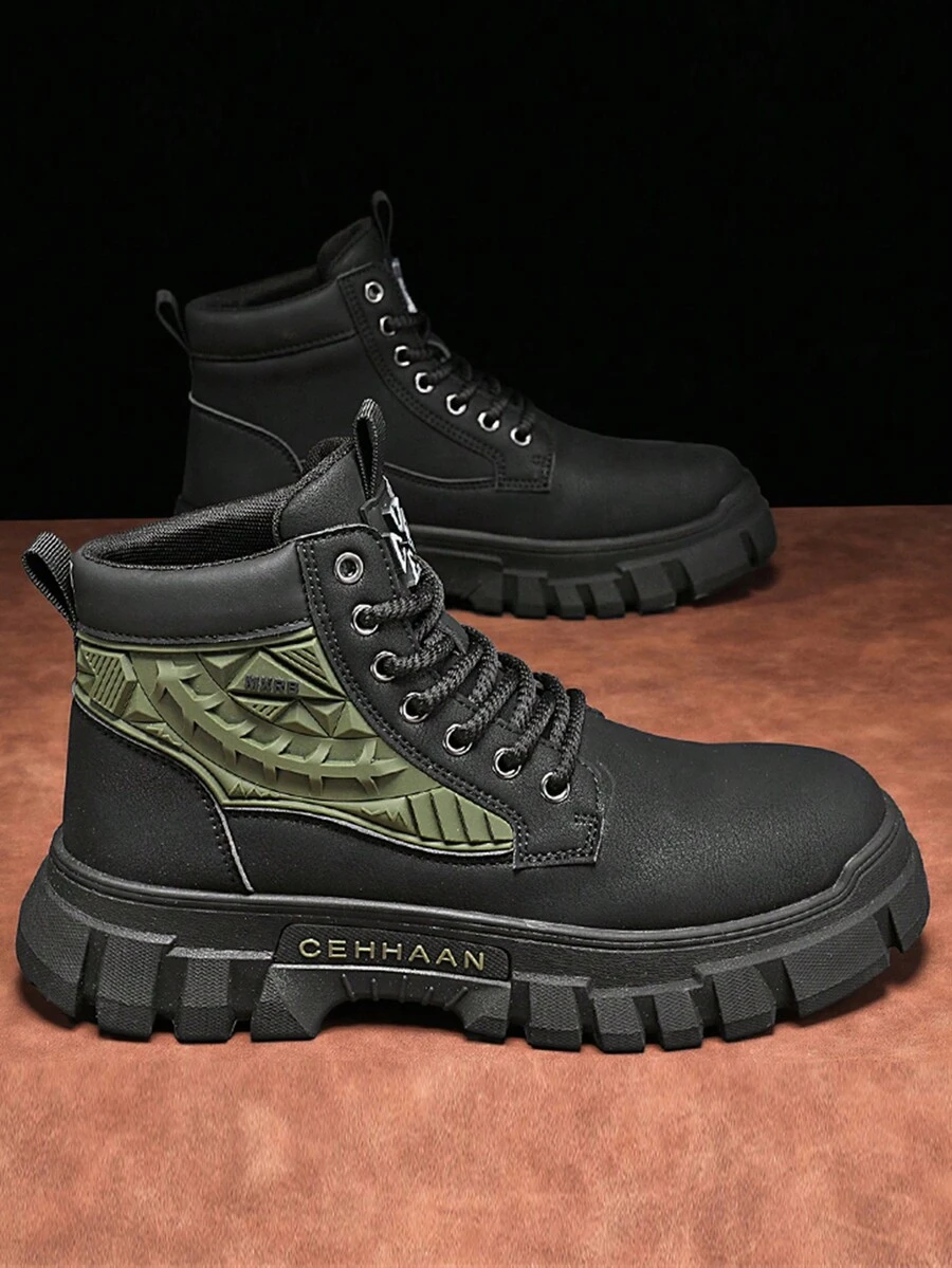 Giày bốt cao bồi cổ cao dành cho nam, giày bốt da mũi tròn đế dày, chống thấm nước và dầu, họa tiết chữ & ong vá mùa thu mới, giày bốt sa mạc đi xe máy ngoài trời, giày làm việc bền bỉ cho công trình xây dựng - màu xanh lá - Xem 1
