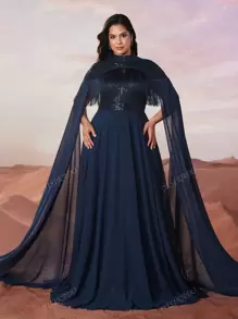 YISIKADO Plus Size Elegant Luxury Sequin Tassel Decor Ultra Long Sleeve Formal Banquet Evening Dress