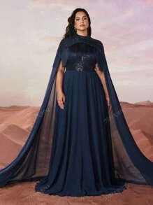 YISIKADO Plus Size Elegant Luxury Sequin Tassel Decor Ultra Long Sleeve Formal Banquet Evening Dress