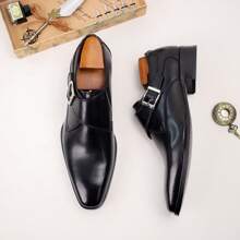 休闲男士孟克鞋方头皮革正装鞋，商务绅士牛津鞋，经典英式正式一脚蹬乐福鞋，适合婚礼、会议、时尚 - 黑色 - 查看 3