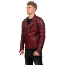 Mens Slim-Fit Double Zip Brando Leather Biker Jacket-Cairo - 酒紅色 - 查看 4