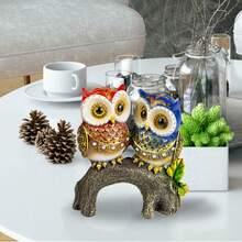 Decorative Owl Couple Statue Trunk Ornament Shelf Living Room - 紅色和藍色 - 查看 3