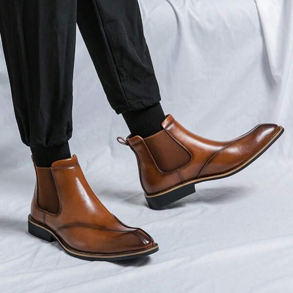 Men High-Top Leather Boots, Pointed Toe, Classic Business Formal Shoes, Zipper Design Casual Dress Oxfords