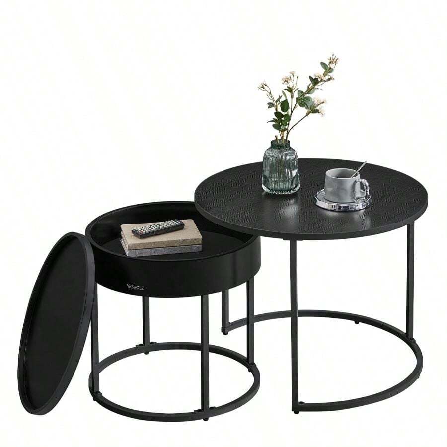 Mesa de centro redonda VASAGLE, Juego de 2 Mesas Anidadas, Mesas auxiliares redondas modernas con almacenamiento oculto y bandeja superior, para sala de estar, dormitorio, oficina - Negro - Ver 1