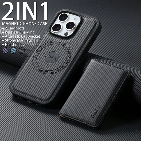 Denior DENIOR Funda magnética 2 EN 1 compatible con las series iPhone 16/15/14/13, con una bolsa magnética para tarjetas que tiene 2 ranuras para tarjetas y puede contener de 2 a 4 tarjetas, compatible con carga inalámbrica, compatible con MagSafe, con patrón de trenza de carbono, compatible con iPhone 16 Promax, hecho a mano