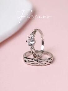 Nhẫn đôi thiết kế xoắn cổ điển FICCINO, Cubic Zirconia mạ bạch kim, Dây đeo màu bạc có thể điều chỉnh kích thước cho nam và nữ, Quà tặng kỷ niệm ngày cưới kèm hộp - 278r - Xem 5