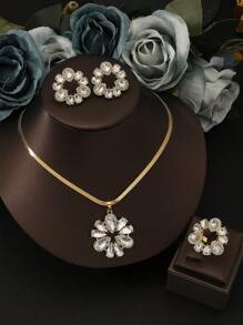 4 件套全锆石花朵吊坠项链，时尚潮流高品质闪亮不褪色珠宝套装，项链 + 耳环 + 戒指女士珠宝，婚宴节日礼物 - 彩色 - 查看 10