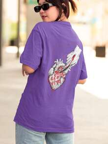 Women's 100% Cotton Casual T-Shirt He Lives Print - 紫色 - 查看 1