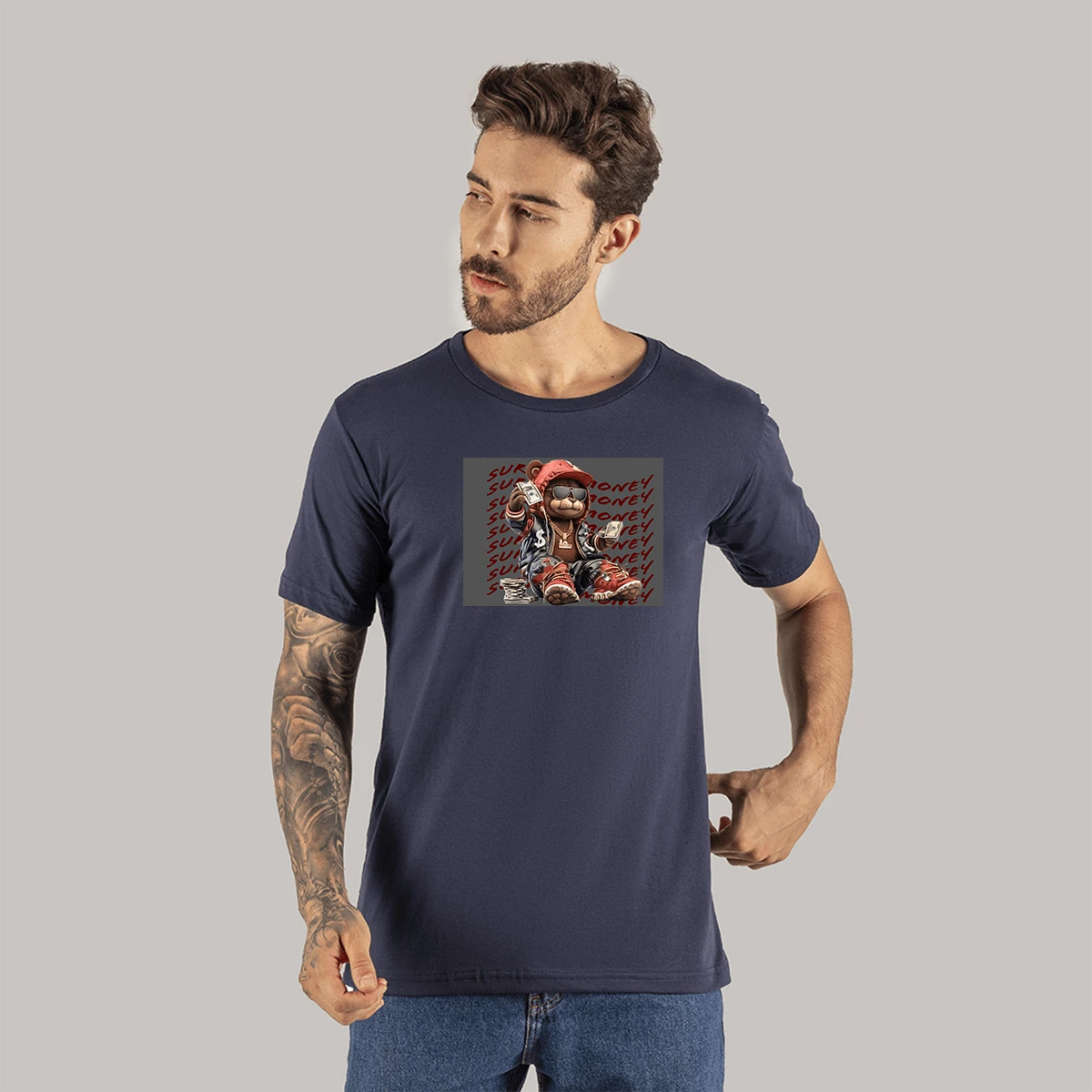 Skyl Doll DTF Printed Soft Comfortable Cotton T-Shirt - 藏蓝色 - 查看 1