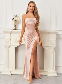 Women's Strapless Mesh Pleated High Slit Satin Dress, Perfect For Wedding Guest, Homecoming, Graduation, Formal Occasions, Cocktail Party, Valentine's Day And More - Dusty Pink - View 1
