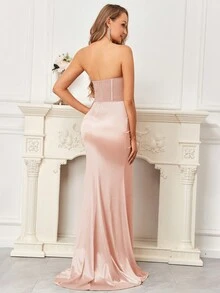 Women's Strapless Mesh Pleated High Slit Satin Dress, Perfect For Wedding Guest, Homecoming, Graduation, Formal Occasions, Cocktail Party, Valentine's Day And More - Dusty Pink - View 2
