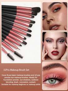 53-In-1 Makeup Tool Kit Including: 32pcs Makeup Brushes Set + 8pcs Makeup Sponges + 1pc Makeup/Wash Head Band + 2pcs Wash Wristband + 4pcs Powder Puffs + 1pc Makeup Remover Pads + 1pc Brush Cleaning Tray. Portable Makeup Tools, Suitable For Travel, Vacation, Parties. Must-Have For Summer Makeup
