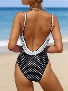 Bikinx Polka Dot Print Ruffle Trim Backless One-Piece Swimsuit, For Summer Beach Vacation - Multicolor - View 1