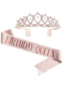 2pcs Rhinestone Decor Crown & Sash Set, Modern Birthday Party Crown & Sash Set For Birthday Party,Christmas - Rose Gold - View 2