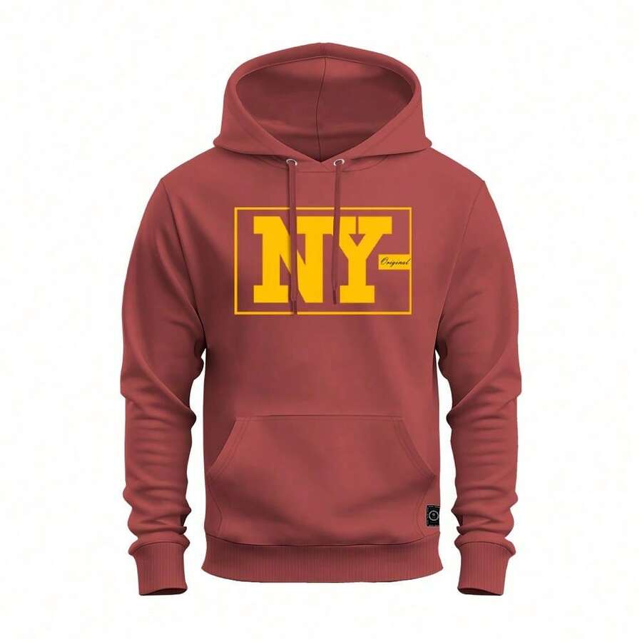 NY Original Printed Kangaroo Sweatshirt With Pocket And Comfortable Hood - 紫紅色 - 查看 1
