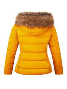 Womens Lightweight Jacket, Winter Coats For Women Warm Quilted Bubble Padded Hood Coat With Faux Fur Collar - 黃色 - 查看 2