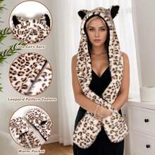 Cute Plush Cat Ear Scarf Gloves 3-In-1 Hooded Set, Fashionable Multi-Purpose Warm Accessory For Party And Home Use - Multicolor - View 4