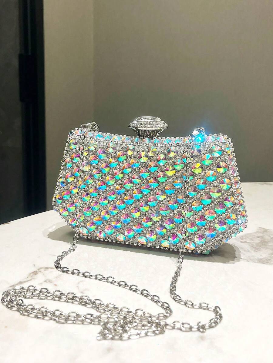1pc Luxurious Silver Color Rhinestone Decor Glitter Small Clutch Bag