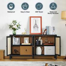 Rattan Sideboard Buffer Cabinet,Accent Storage Cabinet With 4 Rattan Doors, Modern Storage Cupboard Console Table With Adjustable Shelves For Kitchen, Hallway, Entryway, Living Room - màu đen - Xem 4
