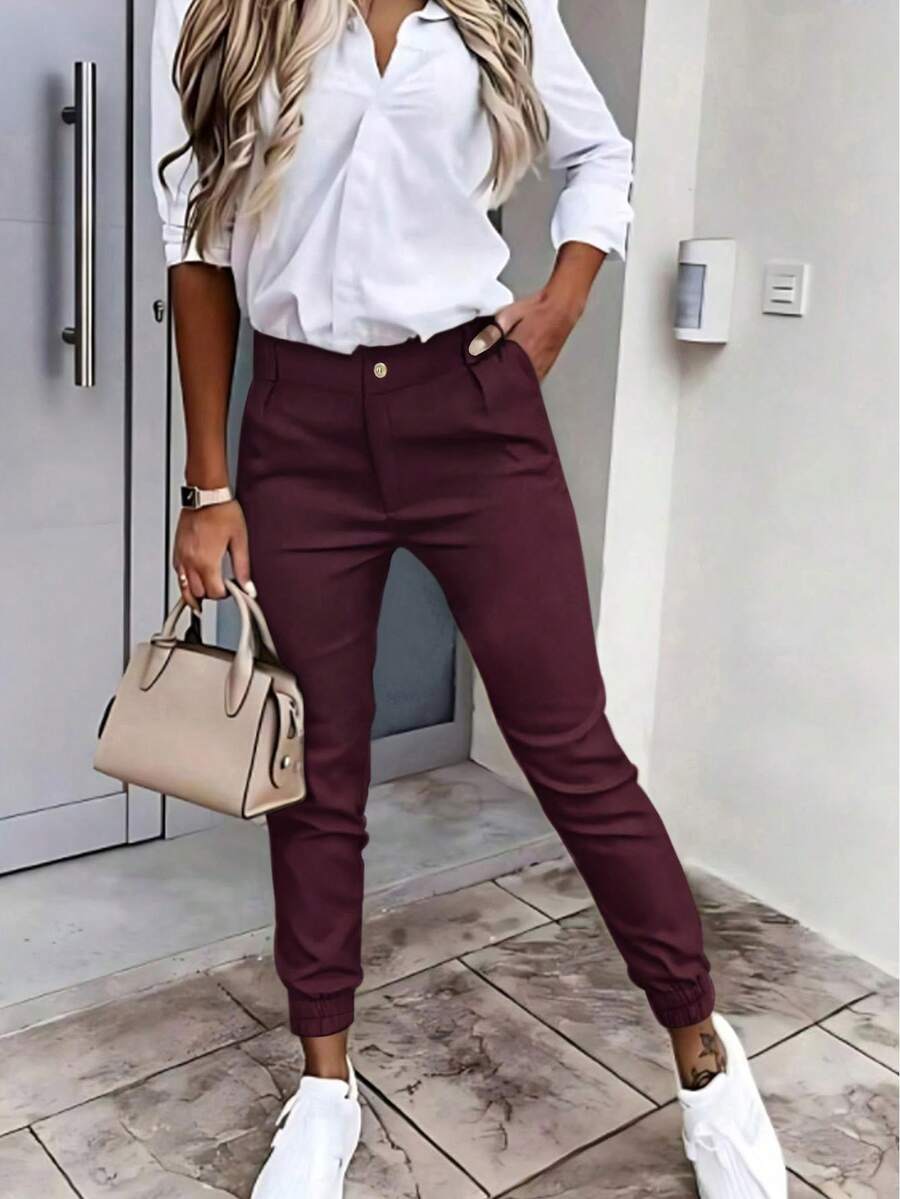 Pantalones livianos de unicolor y ajuste slim, adecuados para ir al trabajo y uso casual diario, primavera/verano - Rojo violeta - Ver 1