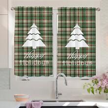 2pcs Green & White Plaid Christmas Tree Silhouette Creative Print Sheer Kitchen Window Curtains, Rod Pocket Top, Quality Polyester Fabric, Lightweight & Easy Care, Personalized Christmas Decor For Kitchen, Dining Room, Living Room, Bedroom, Balcony