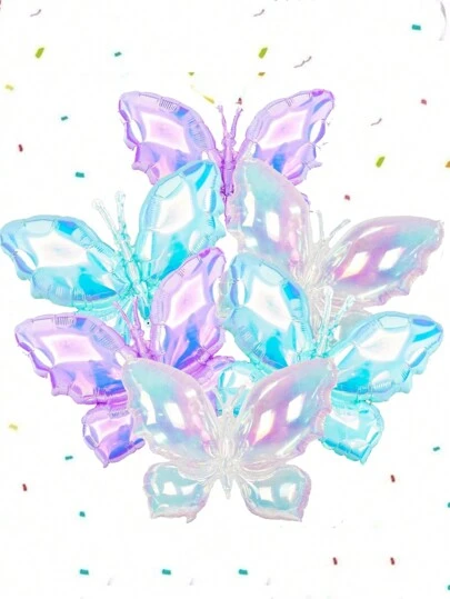 6pcs 26" Iridescent Butterfly Balloon, Available In Multiple Colors - Colorful Transparent, Dreamy Purple, Ice Blue, Ideal For Gift, Wedding, Birthday, Party Decorations, Butterfly Themed Party, Summer Outdoor Party Decor, Can Be Paired With Balloon Arch, Pink Butterfly Balloon, Iridescent Transparent Butterfly Back To School Valentine's Day