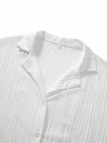 Womens Casual 2 Piece Outfits, Long Sleeve Button Down Pleated Shirt + Pants Set - Blanco - Ver 6