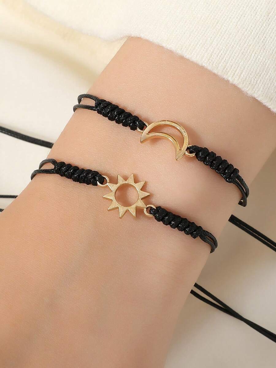 2 件简约复古太阳和月亮金属编织手链，男女通用情侣首饰 - 日月 - 查看 1