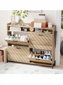 Shoe Storage Cabinet, Farmhouse Shoe Rack With 4 Flip Drawers, Narrow Shoe Rack Cabinet Organizer,For Entryway Hallway Corridor Living Room Door Entrance - 自然的 - 查看 4