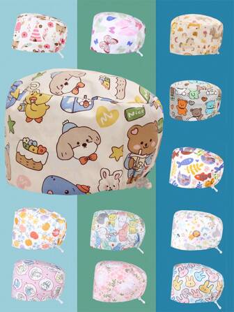1pc Cartoon Animal, Plant, Ocean Element Polyester Printed Breathable Nurse Cap, Sweat-Absorbing, Gynecology Washable, Wind-Resistant Dust-Proof Outdoor Hat, Adjustable Size Unisex, 4 Seasons