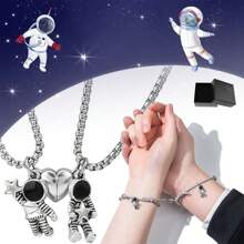 4 Pcs Pareja Iman Astronauta Atracción Pulseras Y Collares - Plateado - Ver 3
